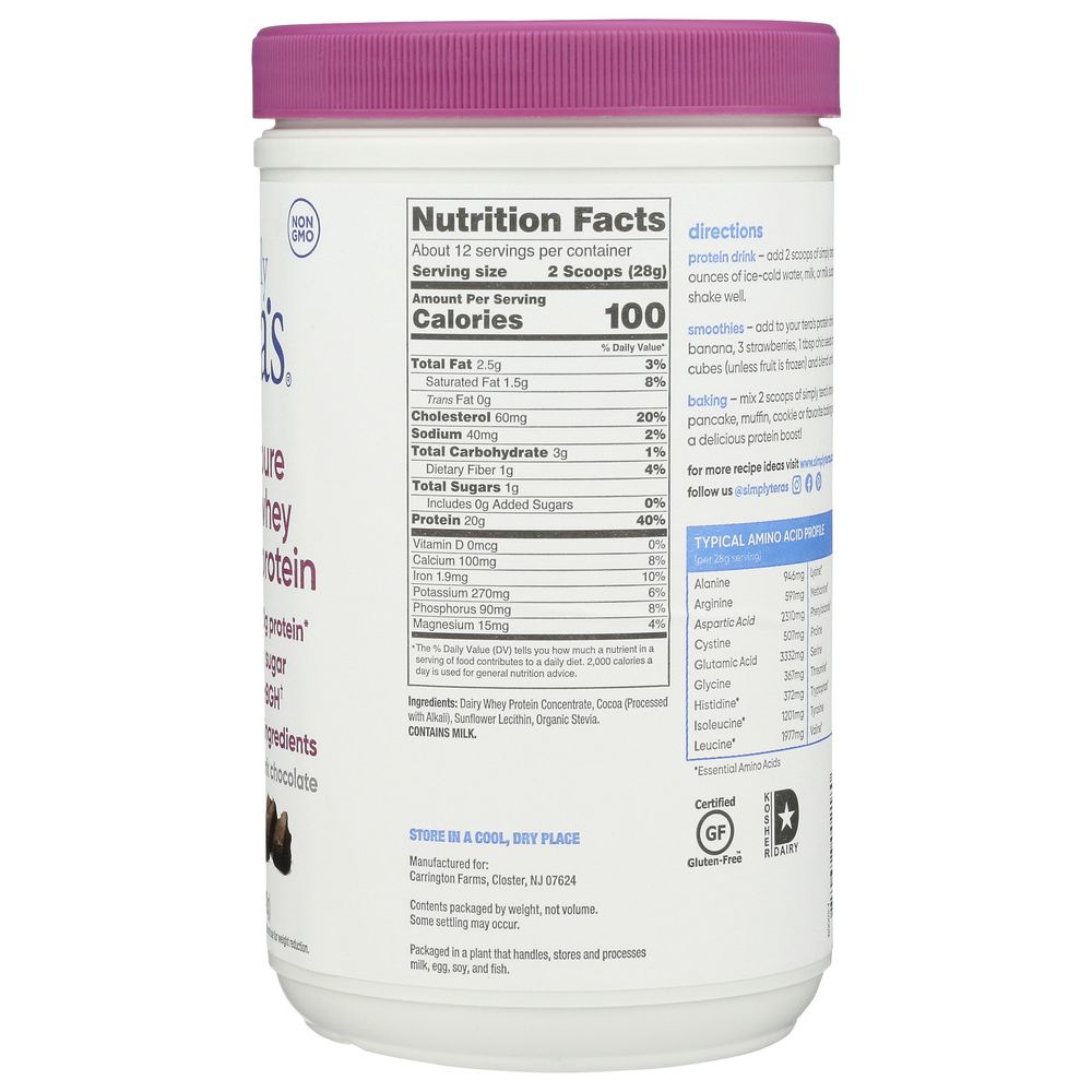 TERA'S WHEY: rBGH Free Whey Protein Fair Trade Dark Chocolate, 12 oz
