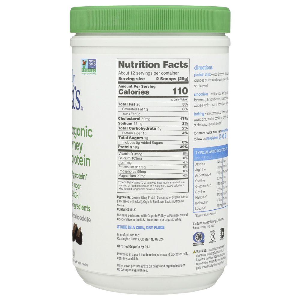 TERA'S WHEY: Grass Fed Organic Whey Protein Fair Trade Dark Chocolate, 12 oz