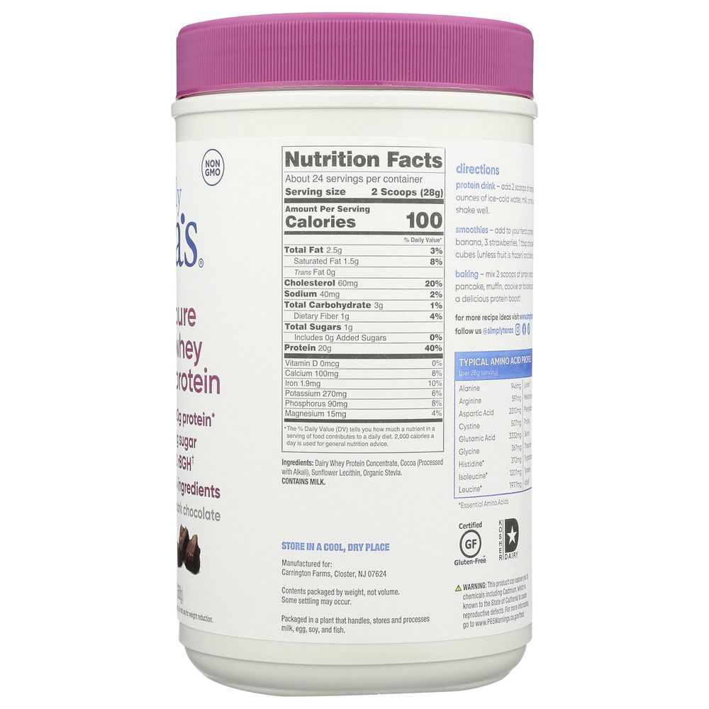 TERA'S WHEY: rBGH Free Fair Trade Certified Dark Chocolate Cocoa Whey Protein, 24 oz