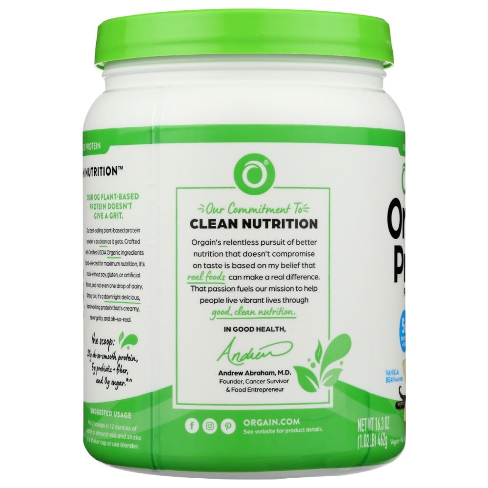 ORGAIN: Organic Protein Plant Based Protein Powder Vanilla Bean, 16.3 oz