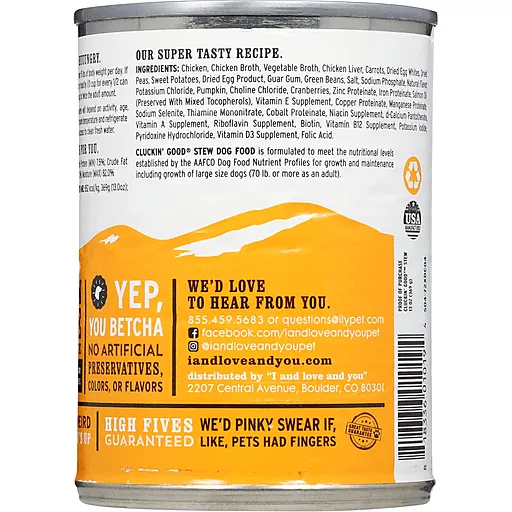 I AND LOVE AND YOU: Cluckin Good Stew Dog Food Can Chicken Morsels in a Savory Veggie Stew, 13 oz
