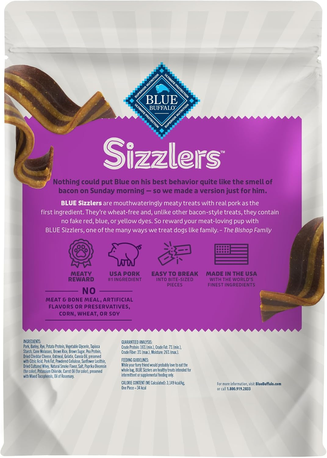 BLUE BUFFALO: Sizzlers Original Bacon-Style Dog Treats, 15 oz