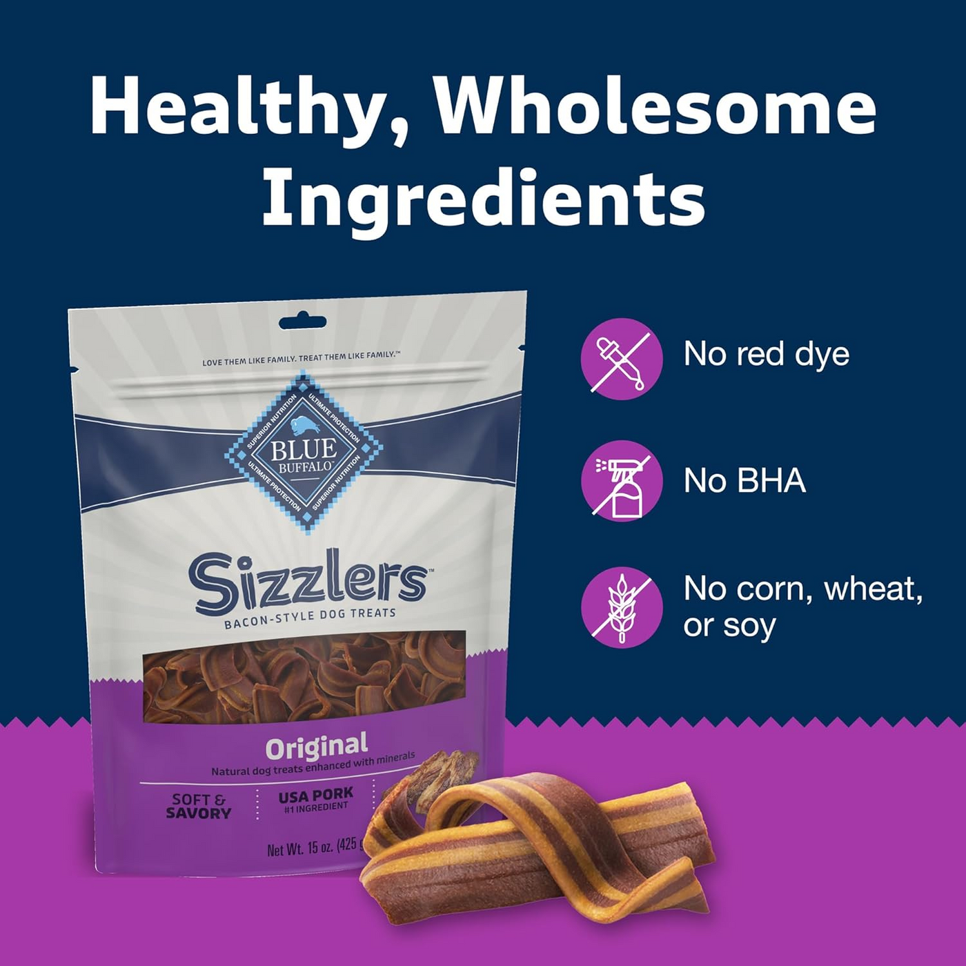 BLUE BUFFALO: Sizzlers Original Bacon-Style Dog Treats, 15 oz