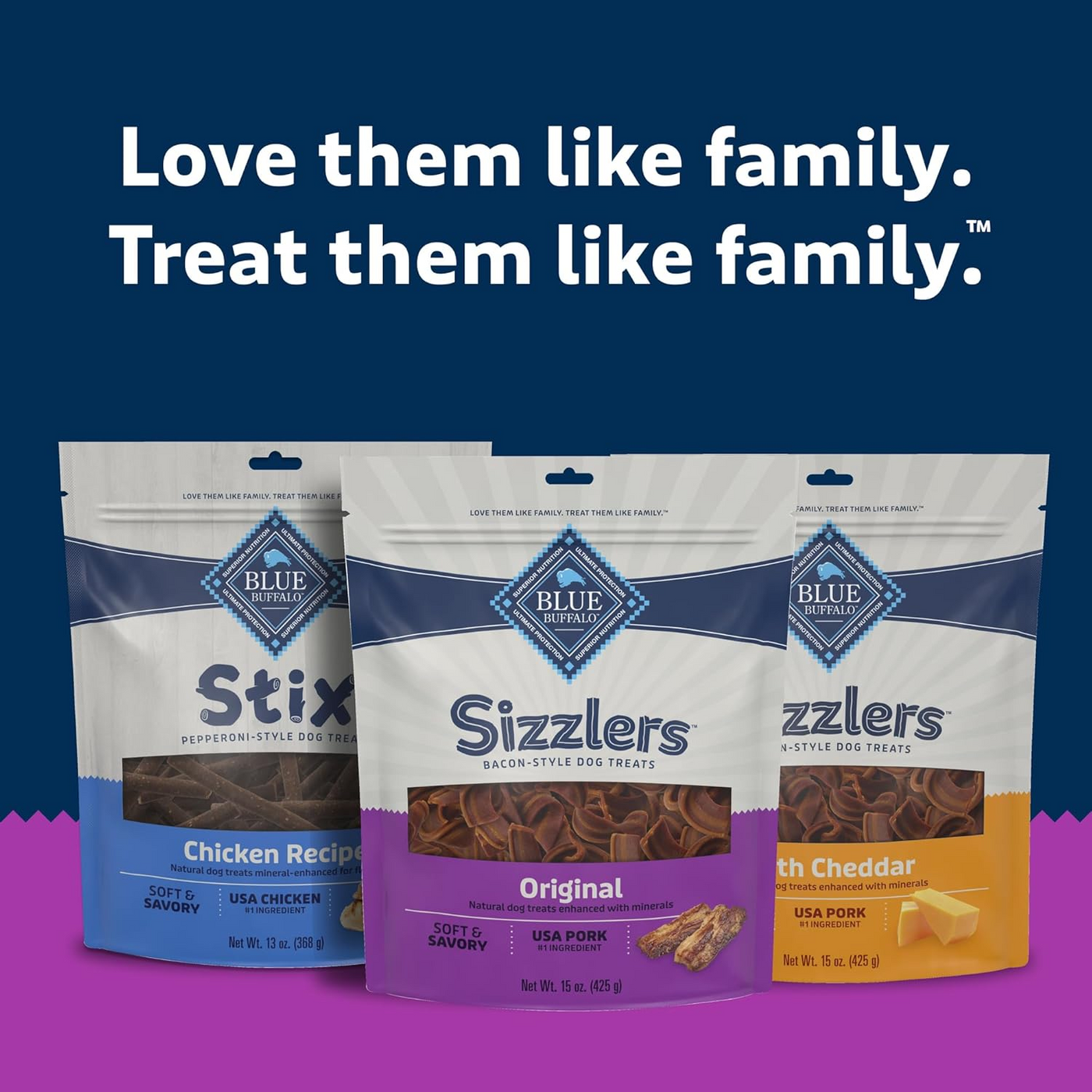 BLUE BUFFALO: Sizzlers Original Bacon-Style Dog Treats, 15 oz