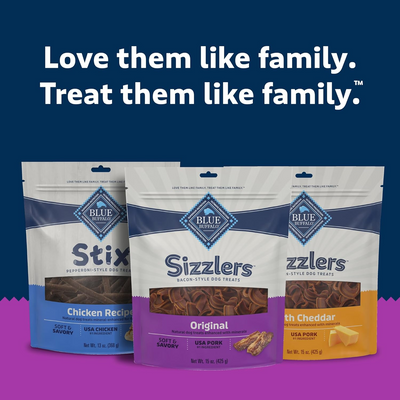 BLUE BUFFALO: Sizzlers Original Bacon-Style Dog Treats, 15 oz