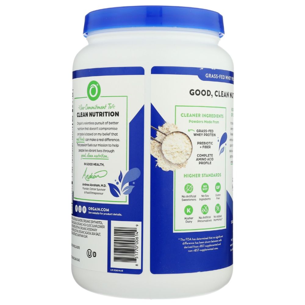 ORGAIN: Grass Fed Whey Protein Powder Vanilla Bean, 29.2 oz