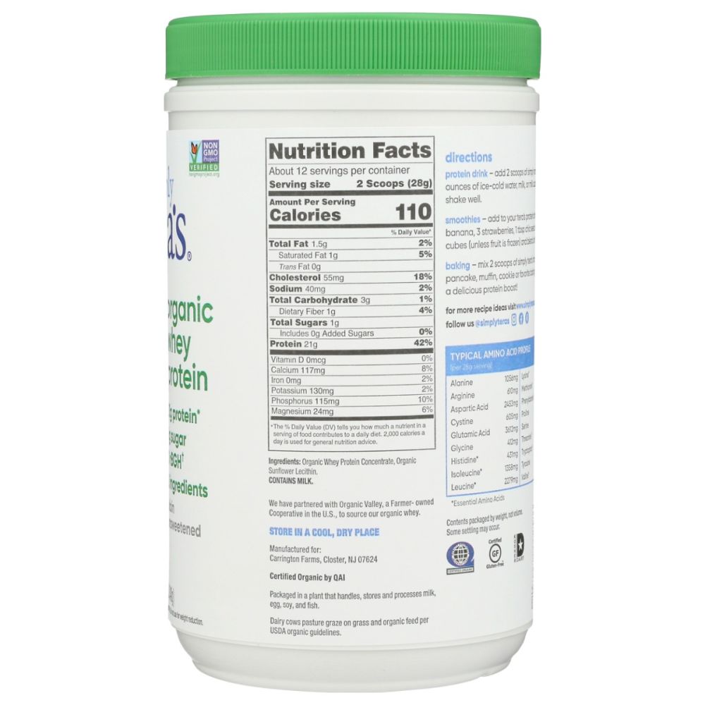 SIMPLY TERAS: Organic Whey Protein Plain Unsweetened, 12 oz