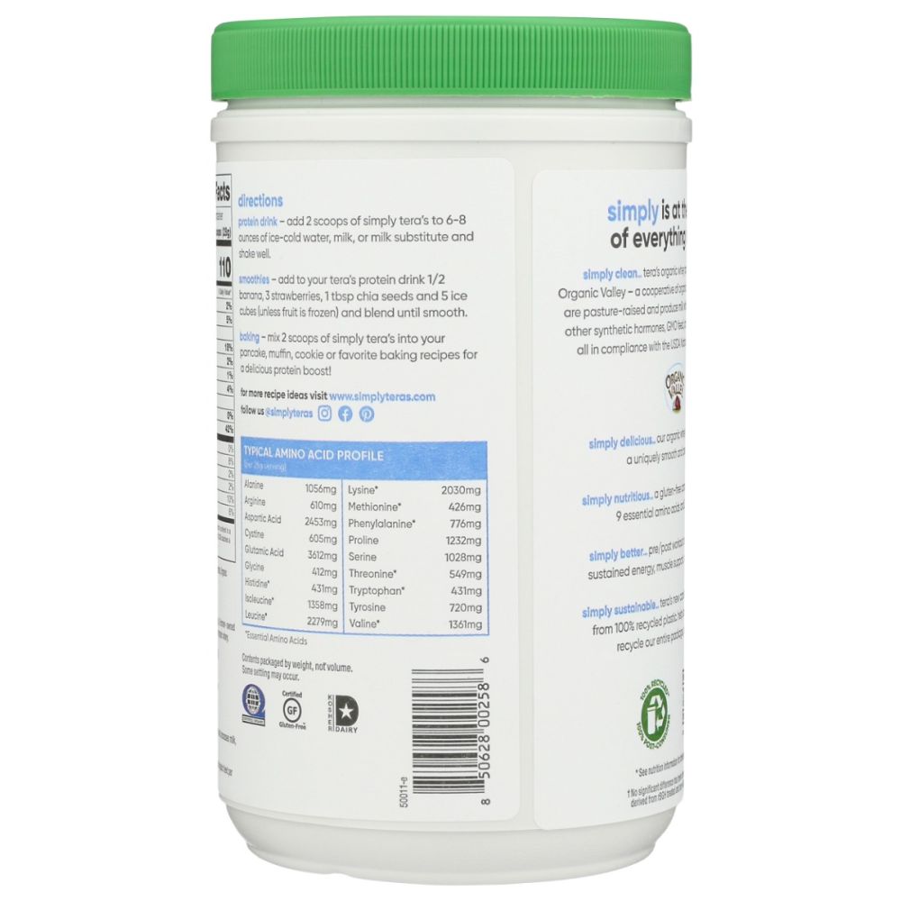 SIMPLY TERAS: Organic Whey Protein Plain Unsweetened, 12 oz